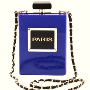 Paris Blue Perfume Bottle Acrylic Crossbody Clutch – Gold Chain